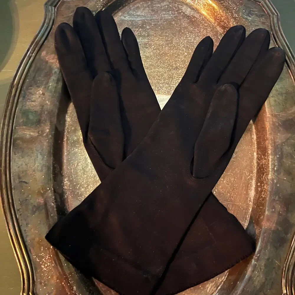 Title:Vintage 1950s Black Mid-Length Dress Gloves - French Knot Detail (12